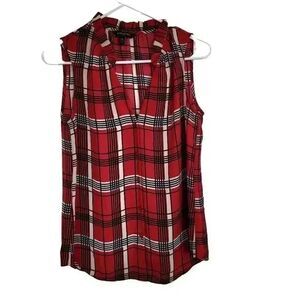 Banana Republic Women's Red, Black & Ivory Poly Plaid Button Down Sleeveless Top